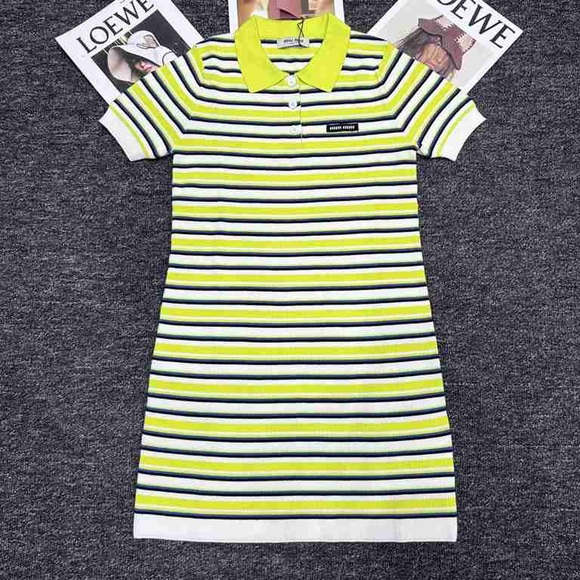 Miu Miu Vibrant Striped Mini Dress - Lime, Navy, White - Picture 1 of 7